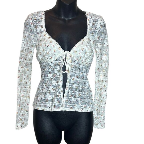 Self esteem lace floral babydoll long sleeve open front top stretch feminine - Picture 1 of 5